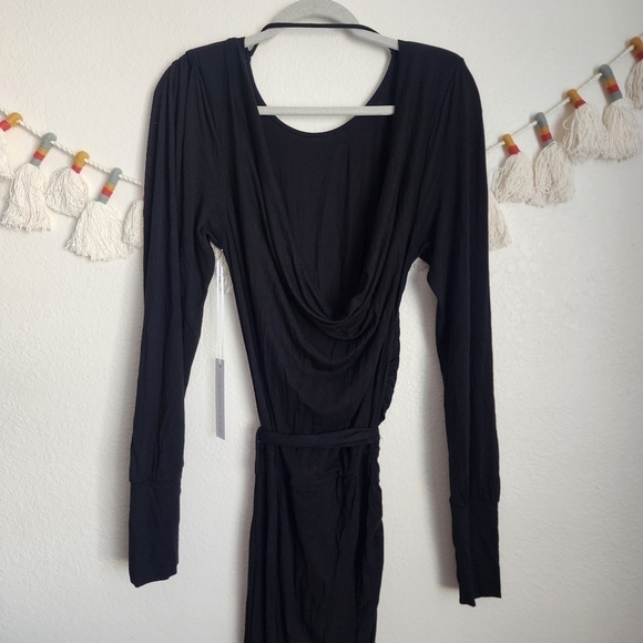 Young Fabulous & Broke Black Drapped Back Ruched Long Sleeve Belted Midi Dress L - Picture 3 of 10